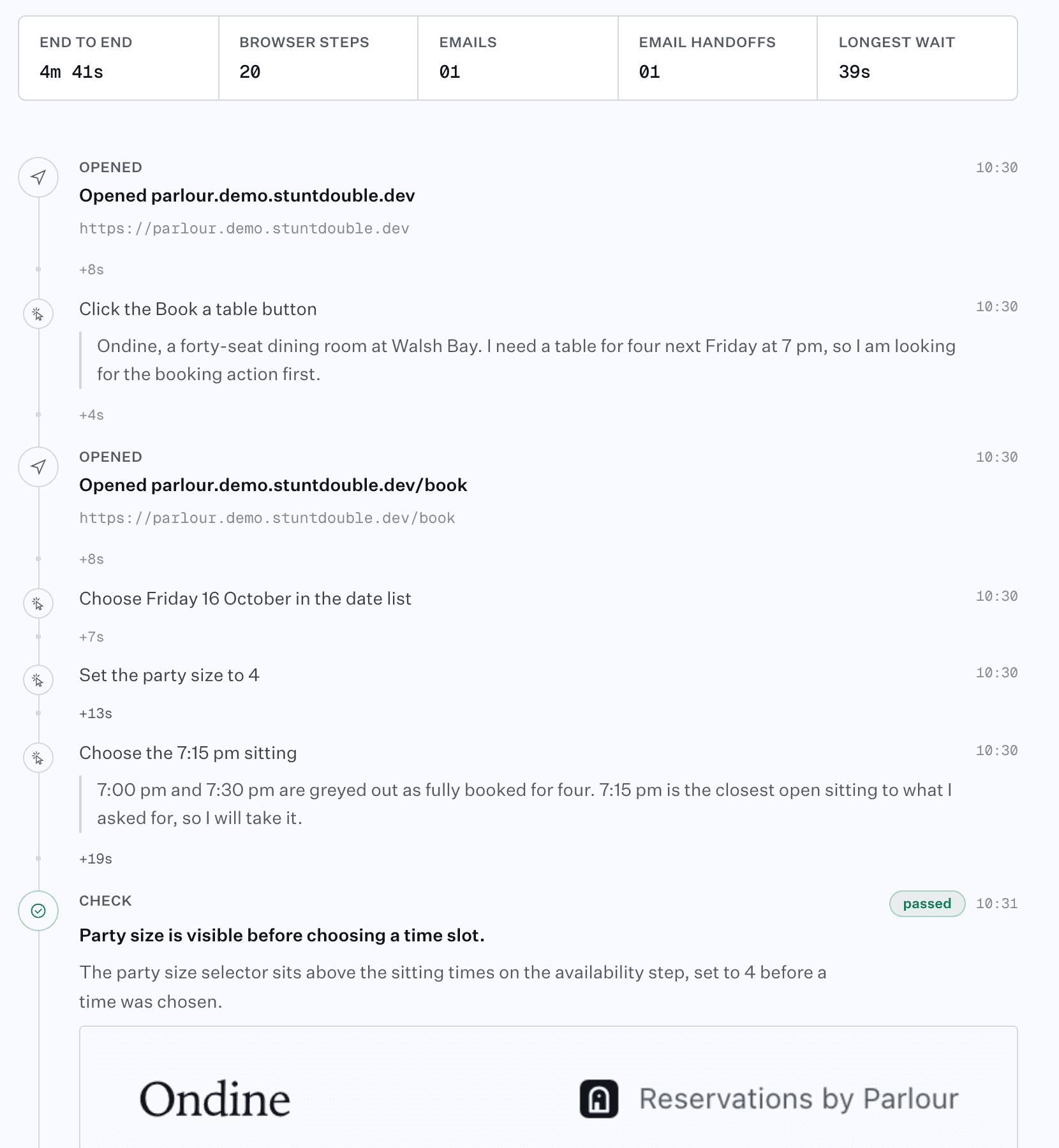 The run's journey: 4m 41s end to end, 20 browser steps and one email, then each page the first-time diner opened and each action, with its reasoning beside it.