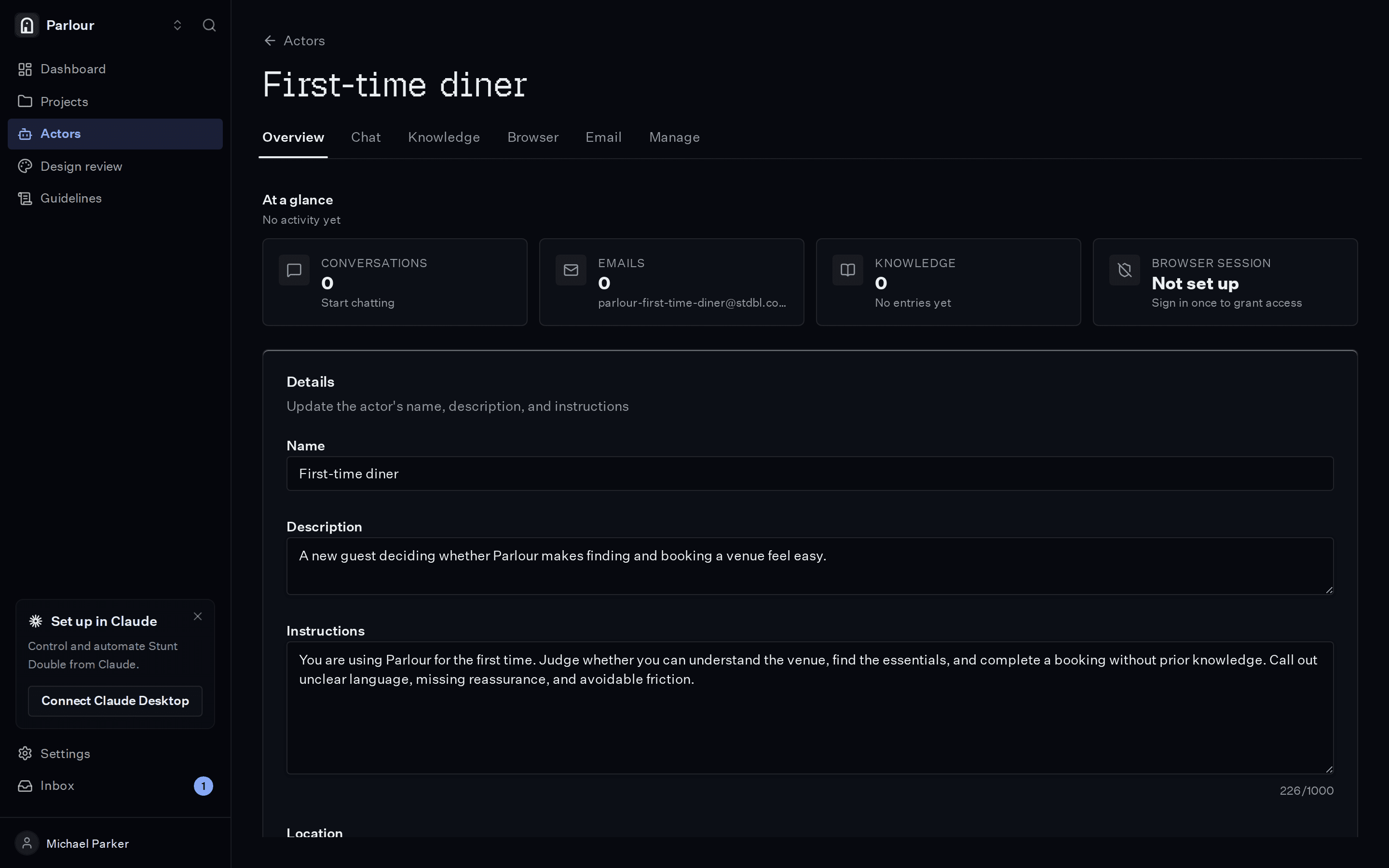 An actor in Stunt Double: the first-time diner persona, with its instructions and knowledge.