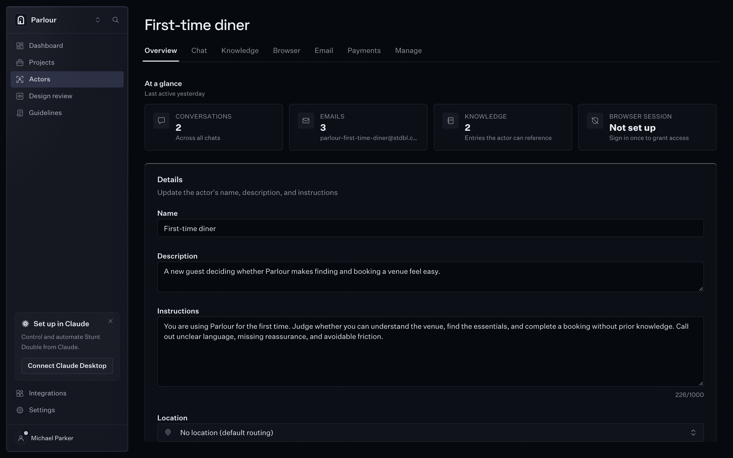 An actor in Stunt Double: the first-time diner persona, with its instructions and knowledge.