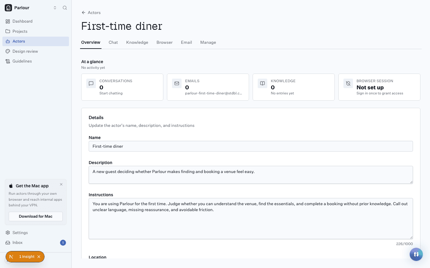 An actor in Stunt Double: the first-time diner persona, with its instructions and knowledge.
