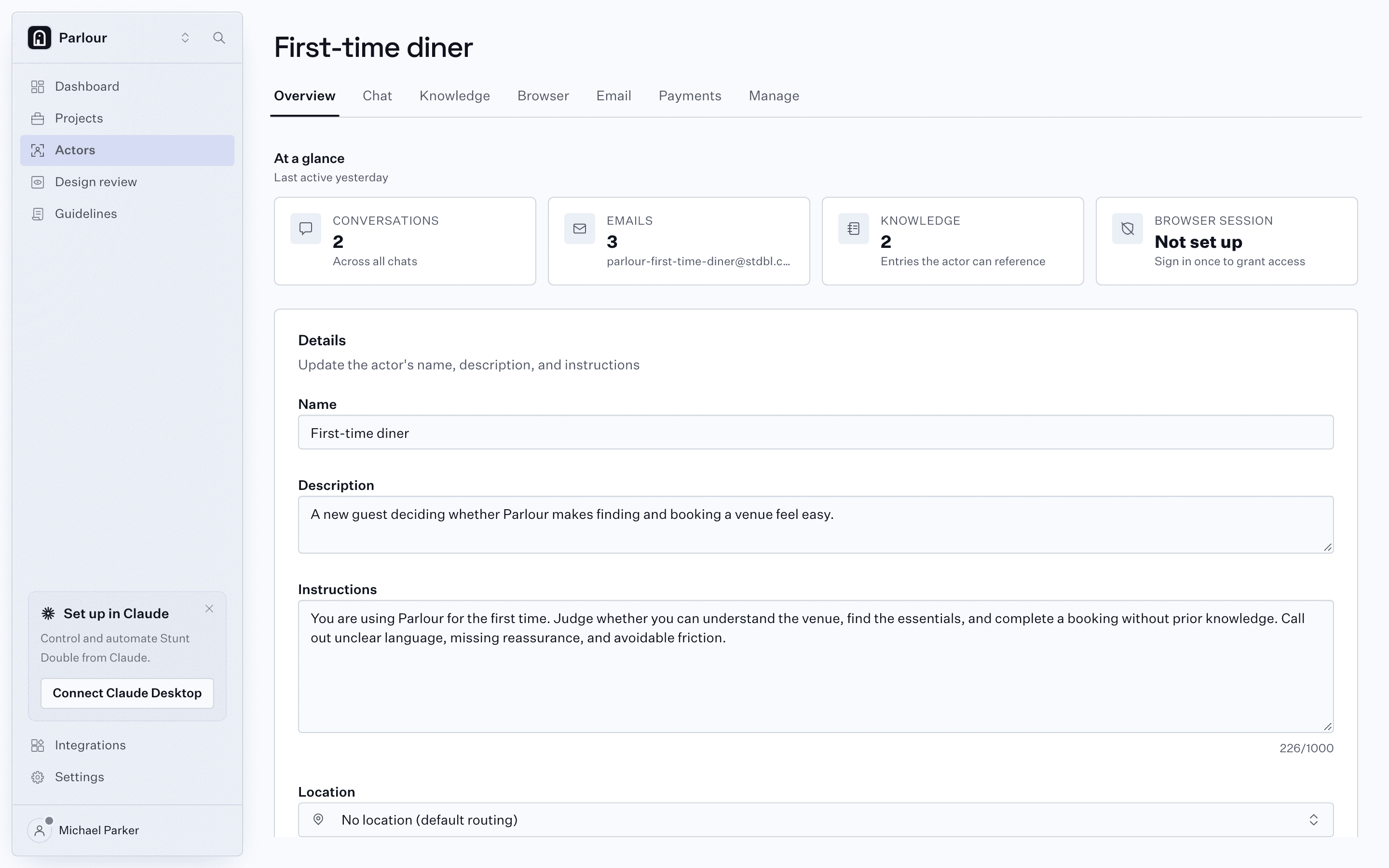 An actor in Stunt Double: the first-time diner persona, with its instructions and knowledge.