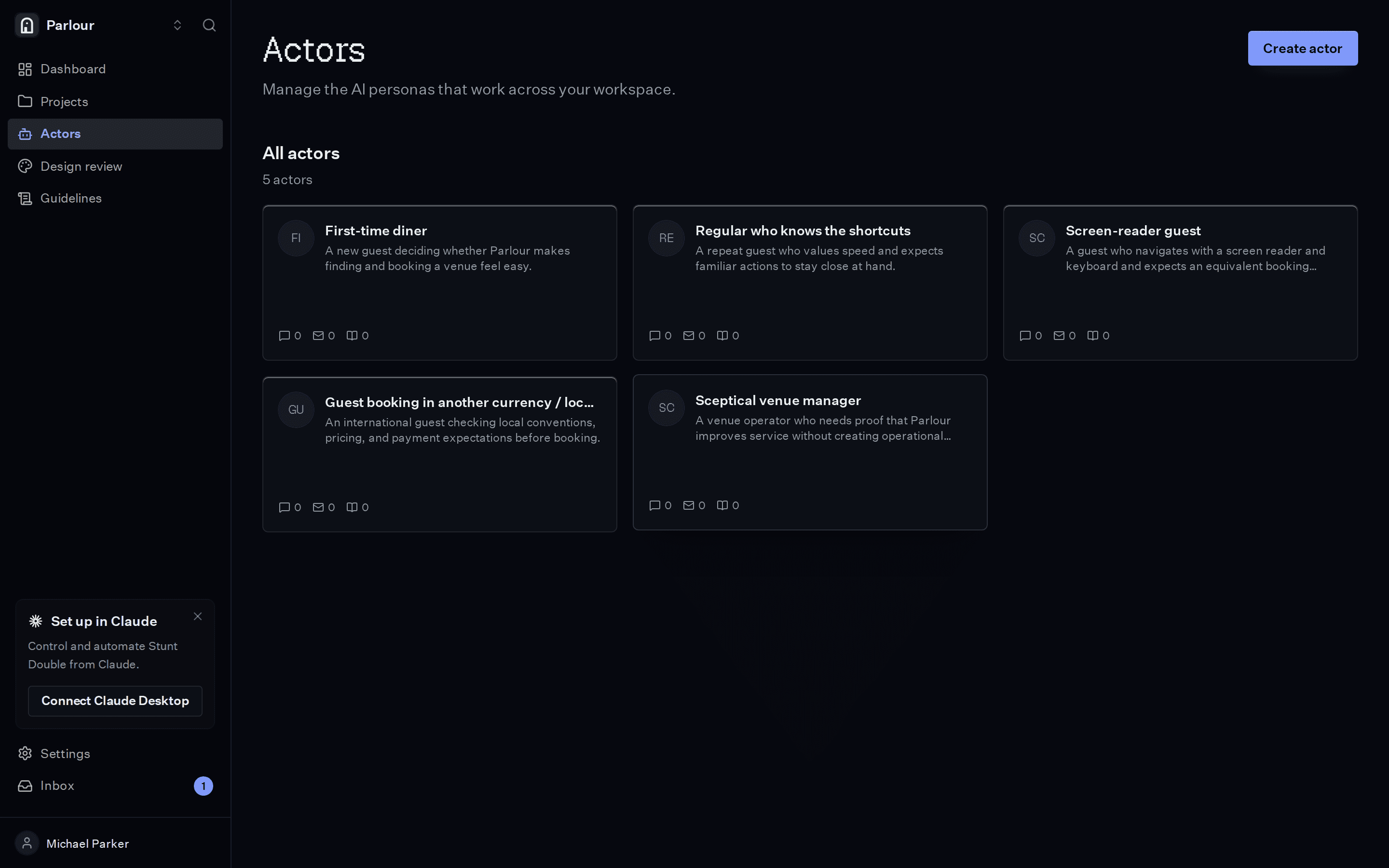 The actors in a Stunt Double workspace, each a different persona.
