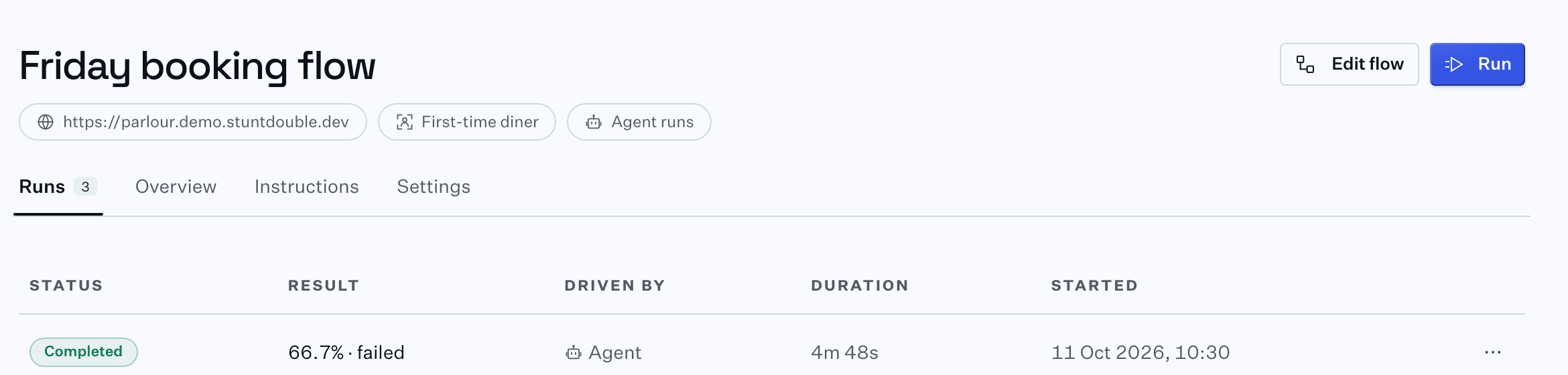 The Friday booking flow checklist and its runs: the latest completed by an agent, 66.7% and failed, in 4m 48s.