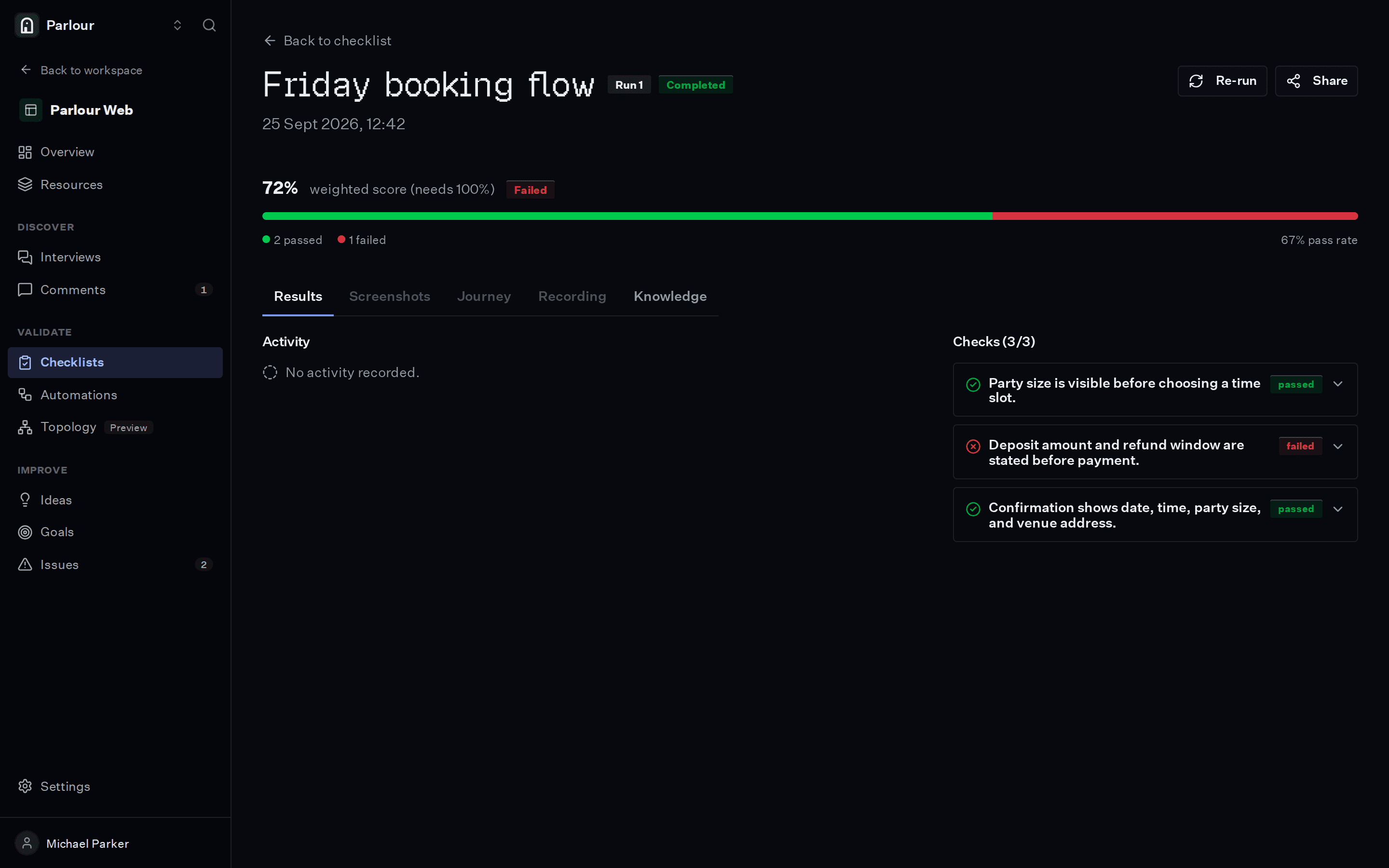 A completed checklist run in Stunt Double: three checks on a booking flow, two passed and one failed, with a weighted score of 72%.