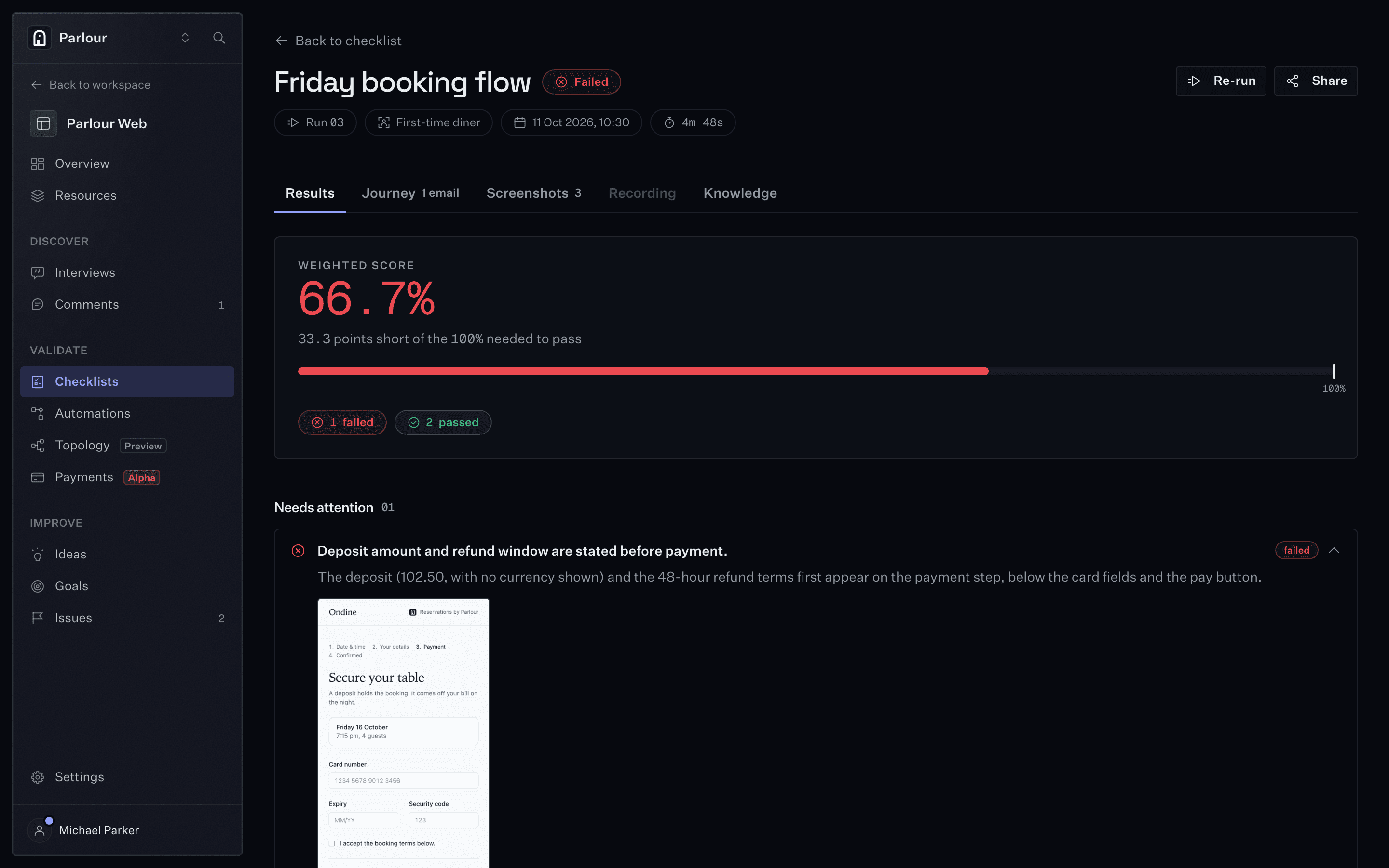 A completed checklist run in Stunt Double: three checks on a booking flow, two passed and one failed, with a weighted score of 72%.