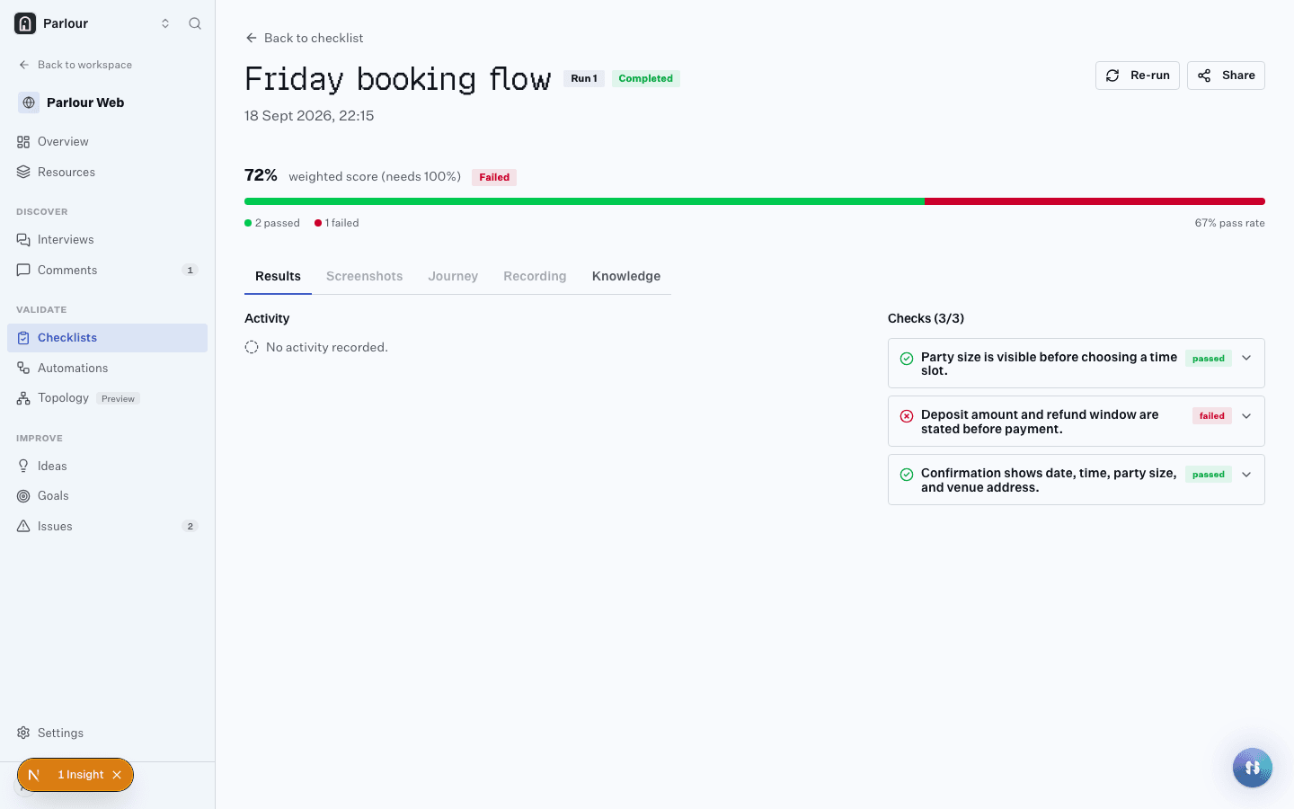 A completed checklist run in Stunt Double: three checks on a booking flow, two passed and one failed, with a weighted score of 72%.