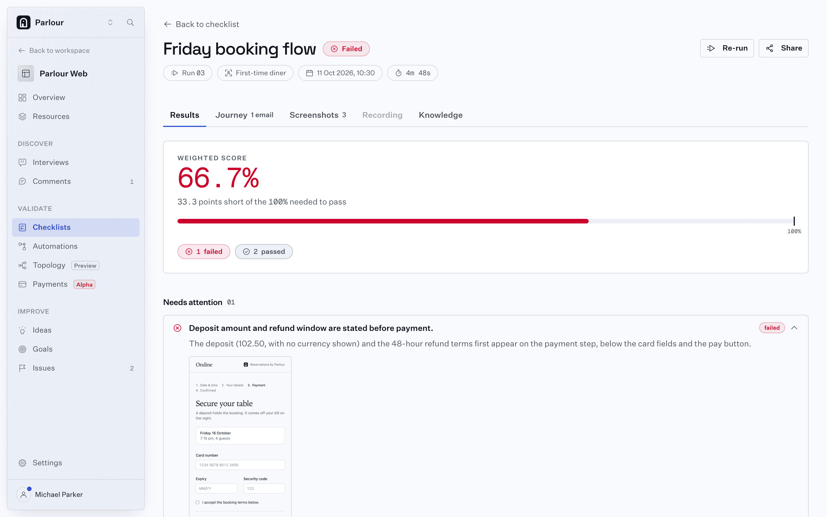 A completed checklist run in Stunt Double: three checks on a booking flow, two passed and one failed, with a weighted score of 72%.
