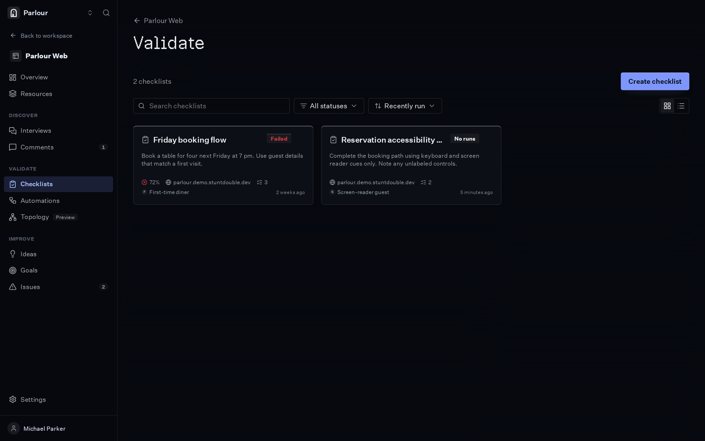 The checklists in a Stunt Double project, each with the result of its last run.