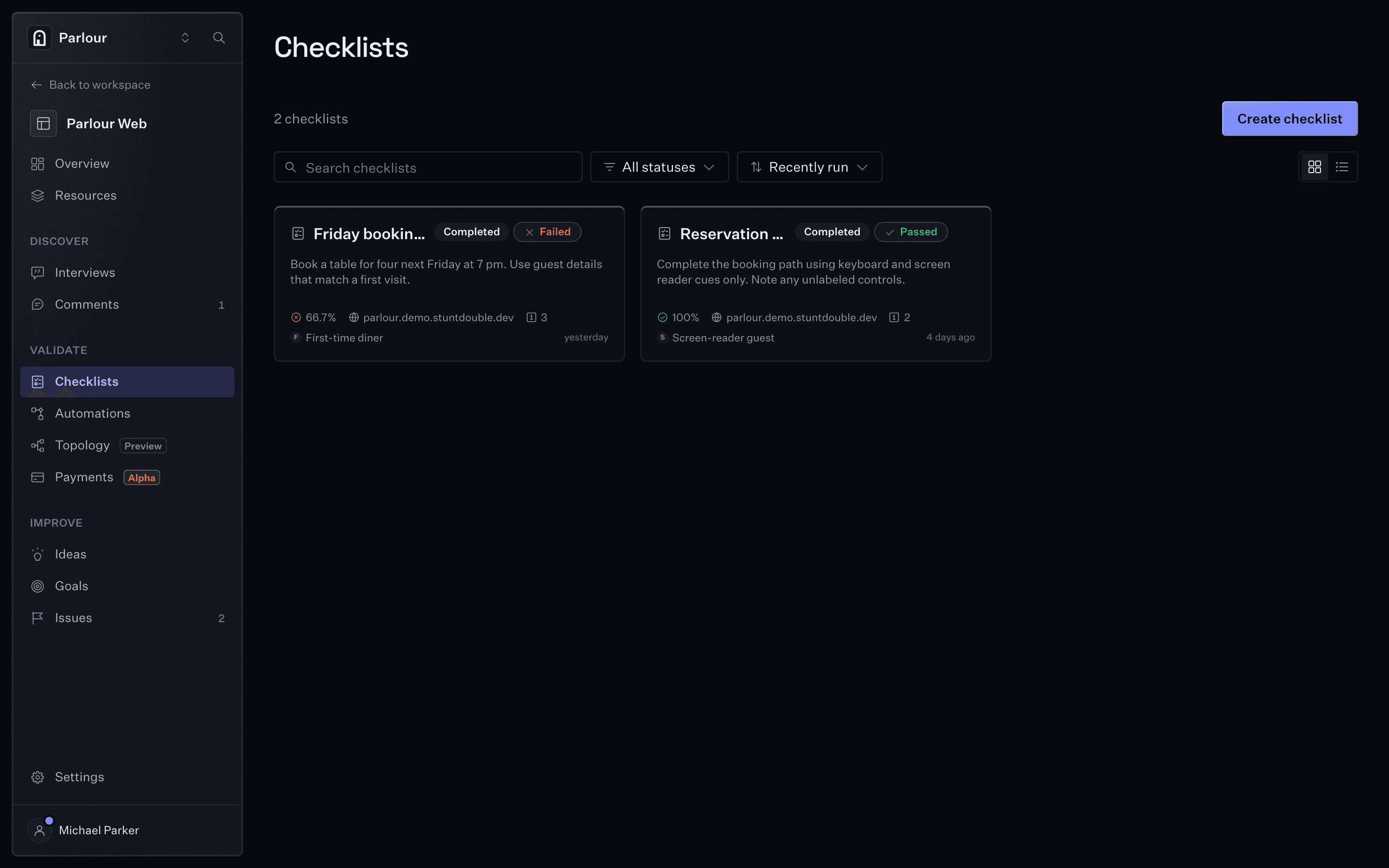 The checklists in a Stunt Double project, each with the result of its last run.