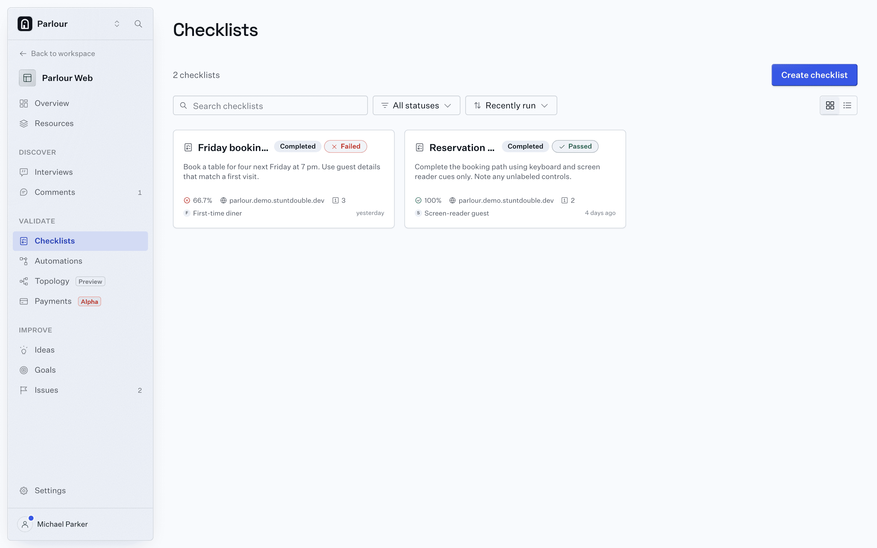 The checklists in a Stunt Double project, each with the result of its last run.