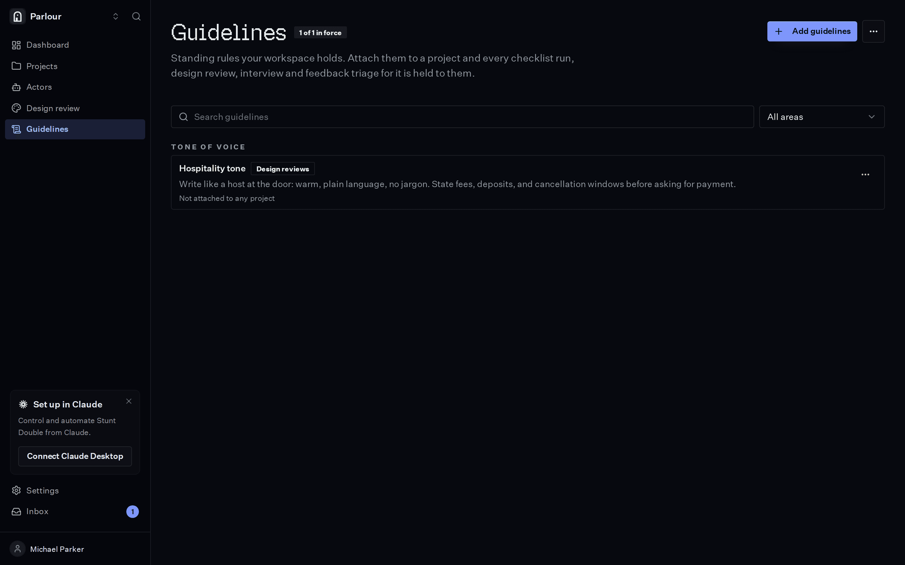A project’s guidelines in Stunt Double, the rules its reviews cite.