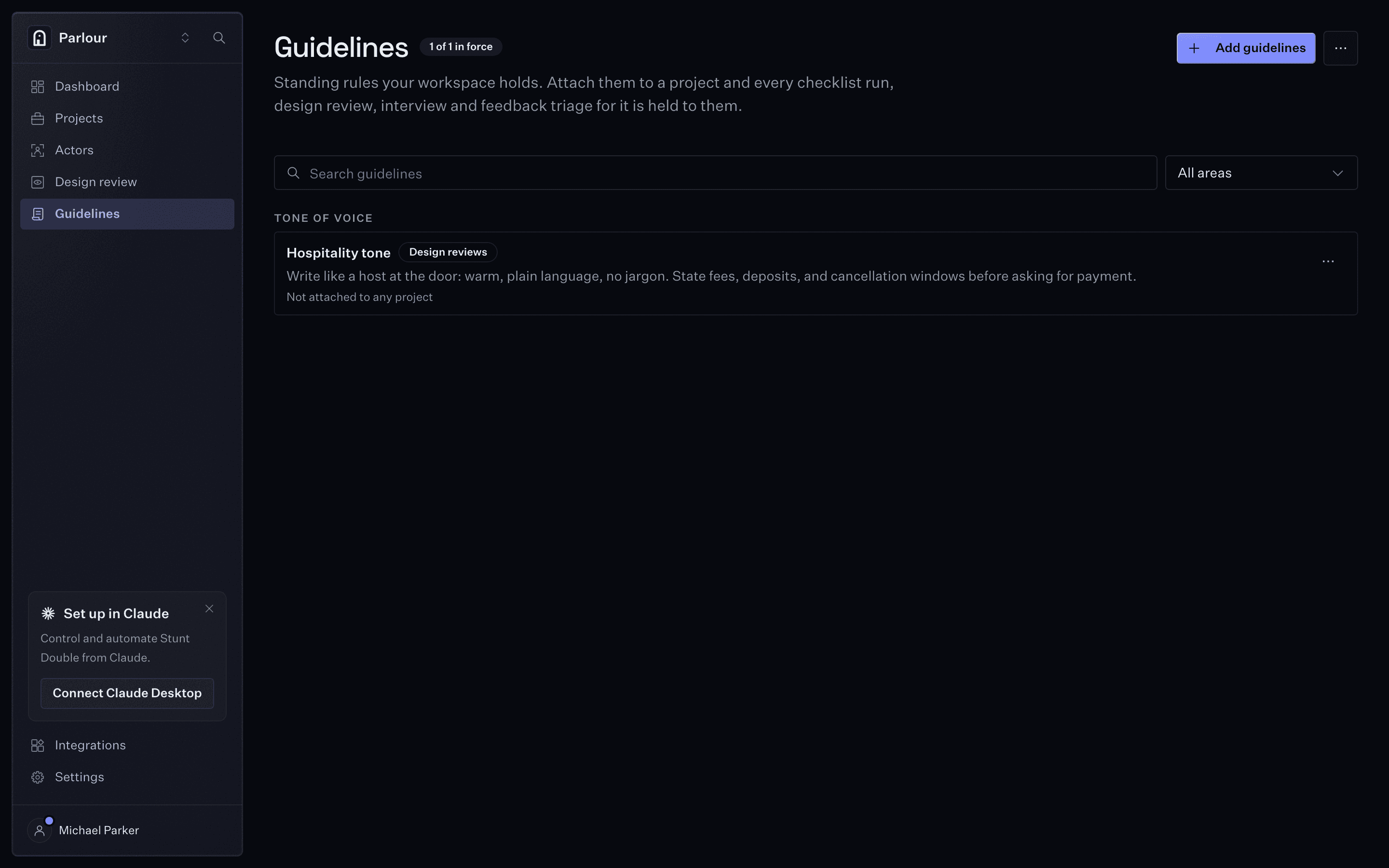 A project’s guidelines in Stunt Double, the rules its reviews cite.