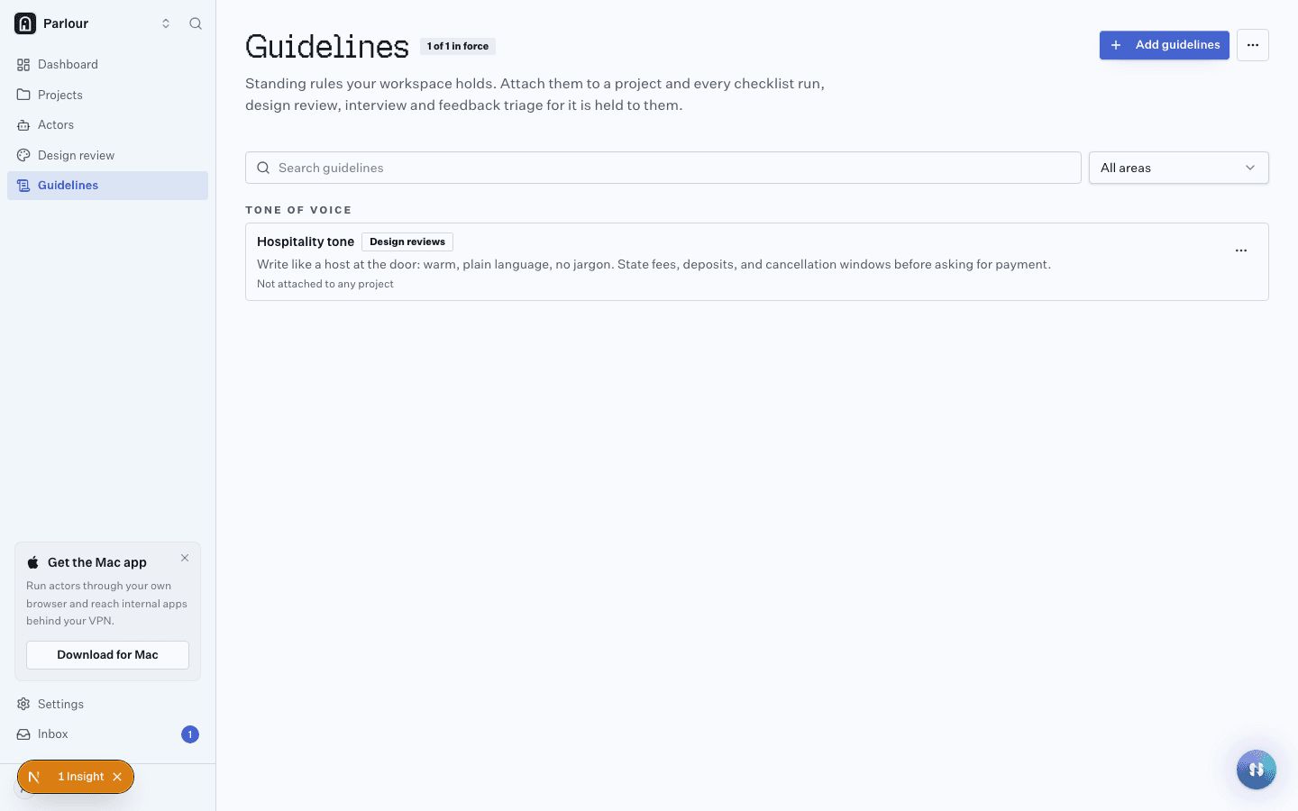 A project’s guidelines in Stunt Double, the rules its reviews cite.