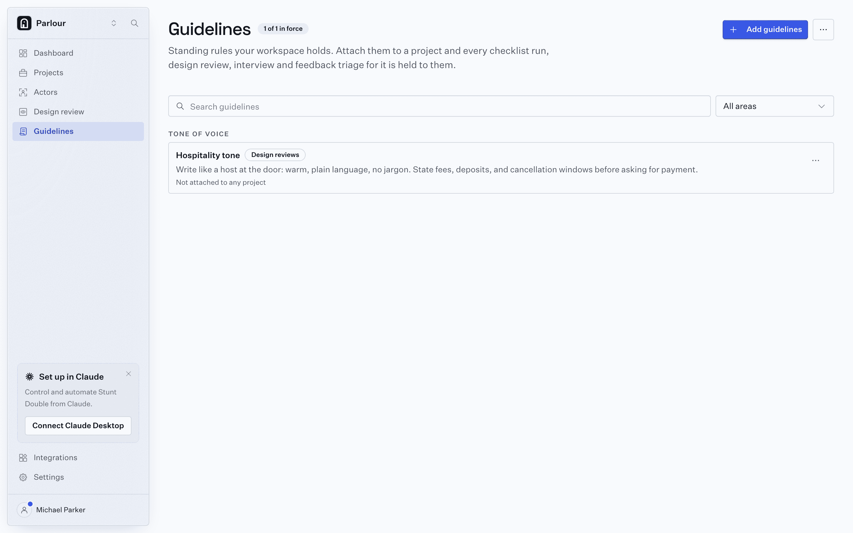 A project’s guidelines in Stunt Double, the rules its reviews cite.