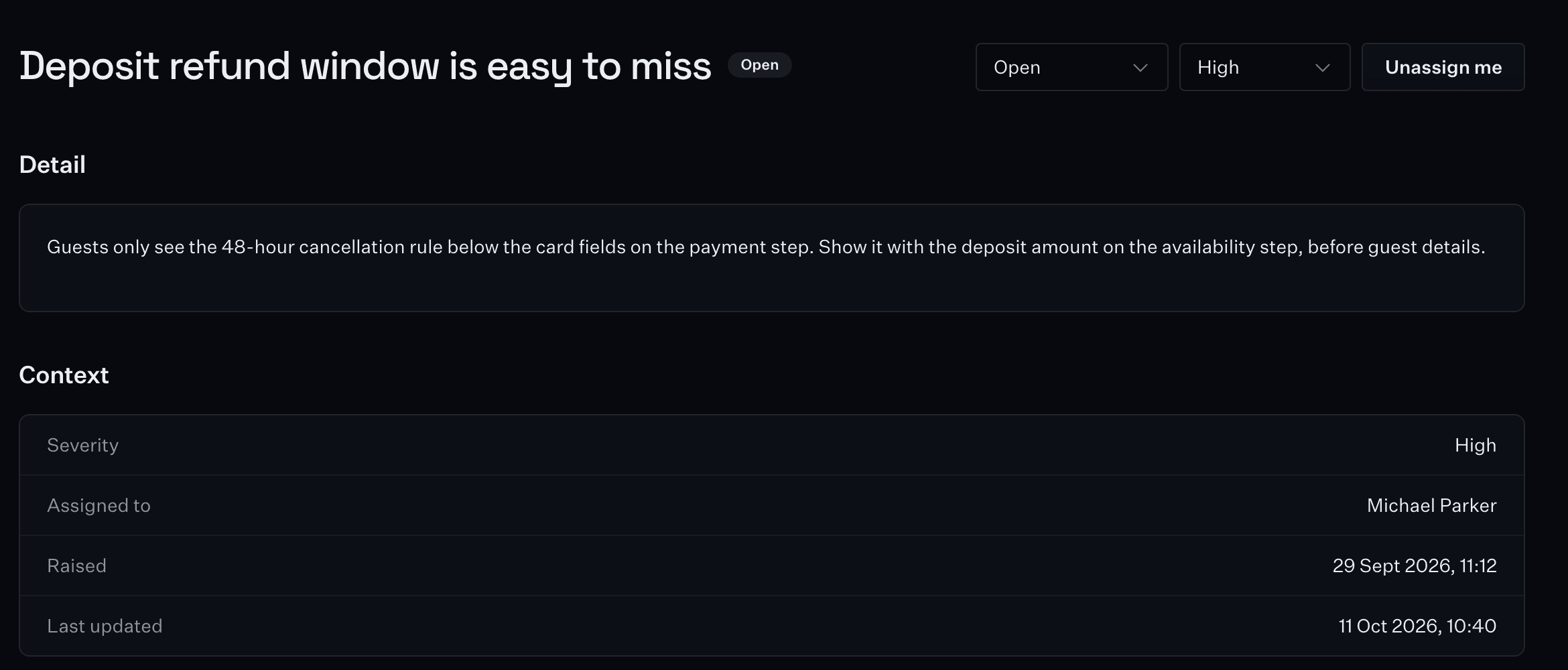 The issue the run raised: Deposit refund window is easy to miss, open, high severity, with the fix in its detail and Michael Parker assigned.