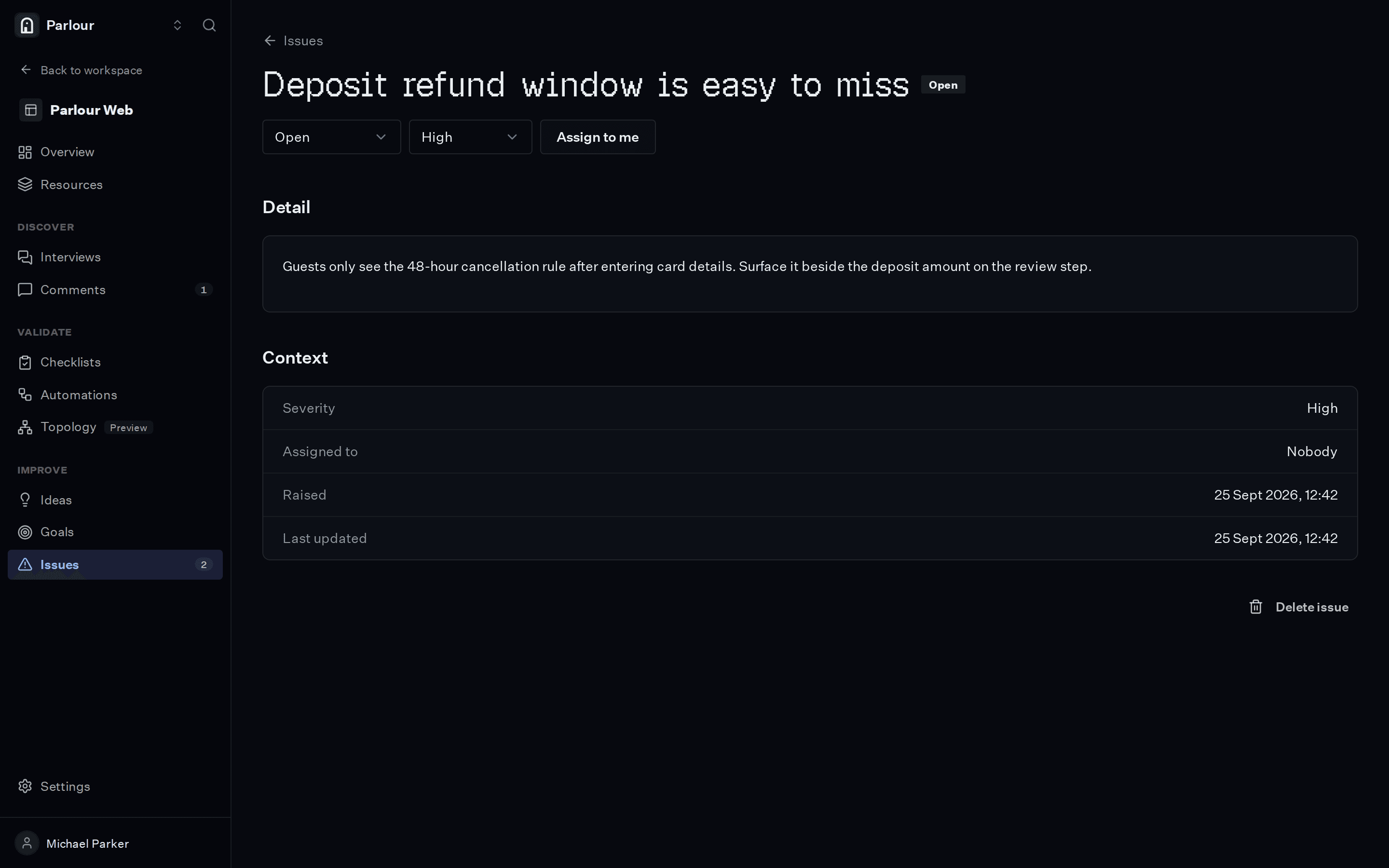 A failed check raised as an issue in Stunt Double: the deposit refund window is easy to miss, with its evidence attached.