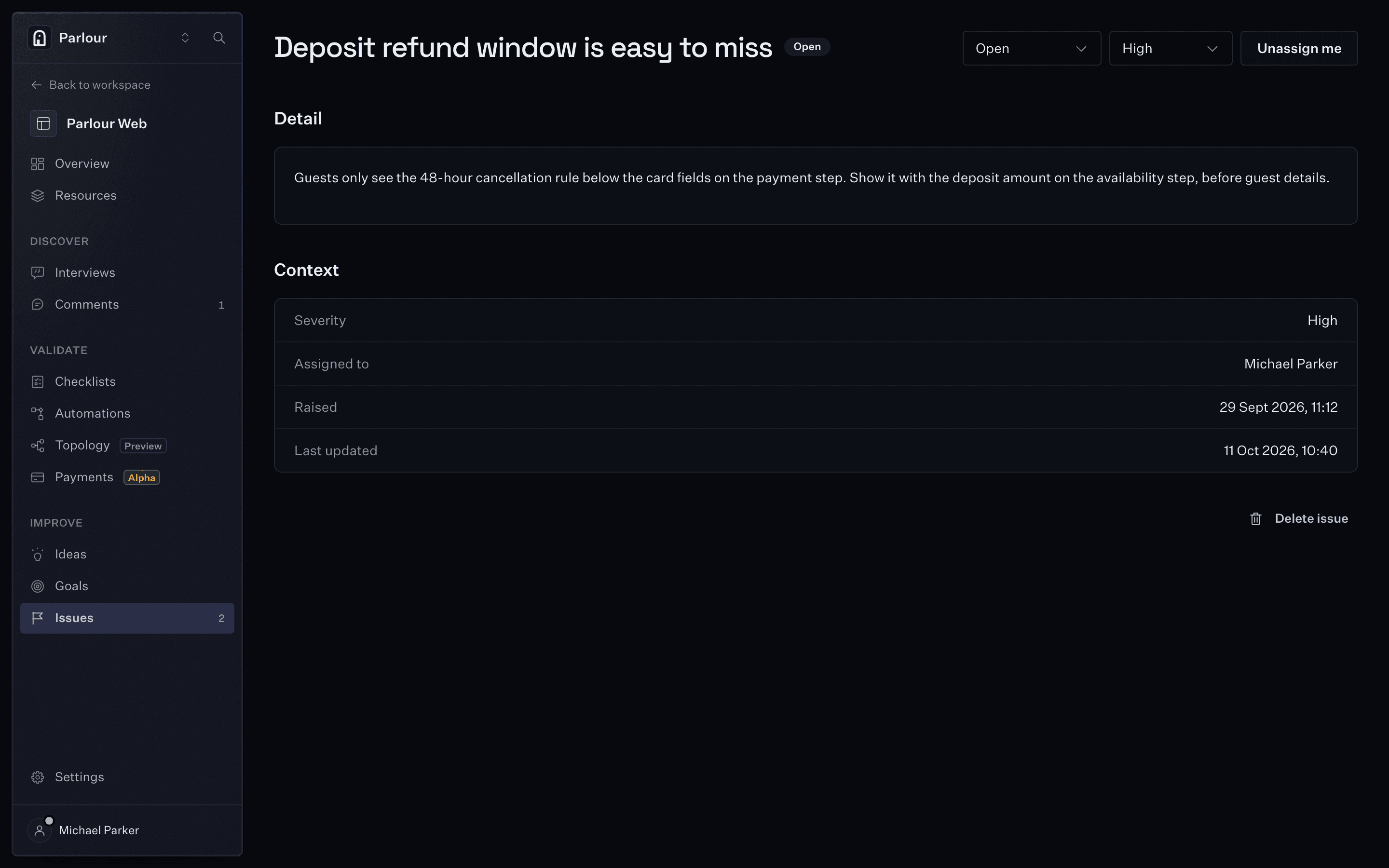 A failed check raised as an issue in Stunt Double: the deposit refund window is easy to miss, with its evidence attached.