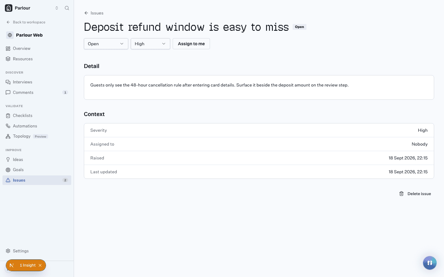 A failed check raised as an issue in Stunt Double: the deposit refund window is easy to miss, with its evidence attached.