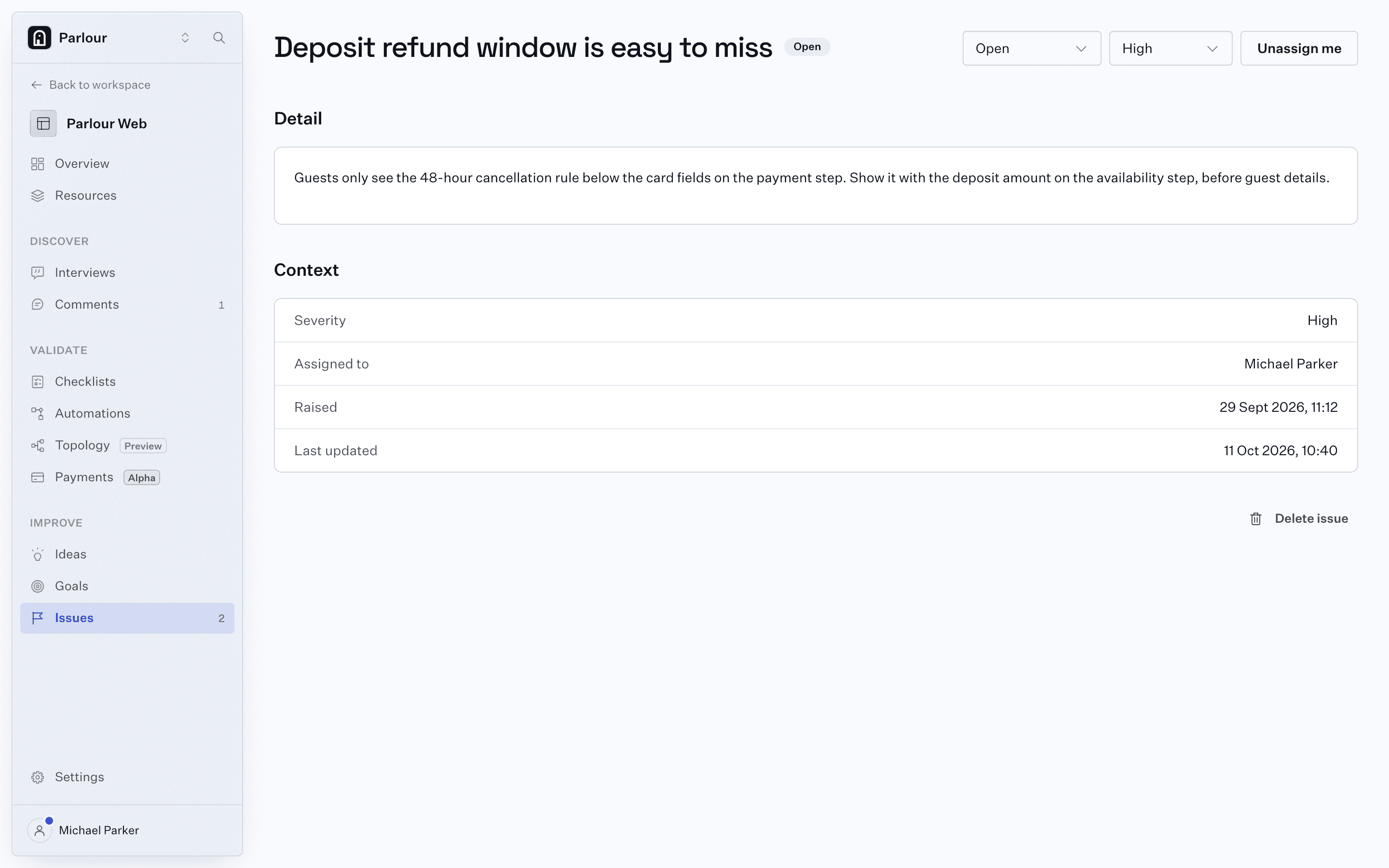 A failed check raised as an issue in Stunt Double: the deposit refund window is easy to miss, with its evidence attached.