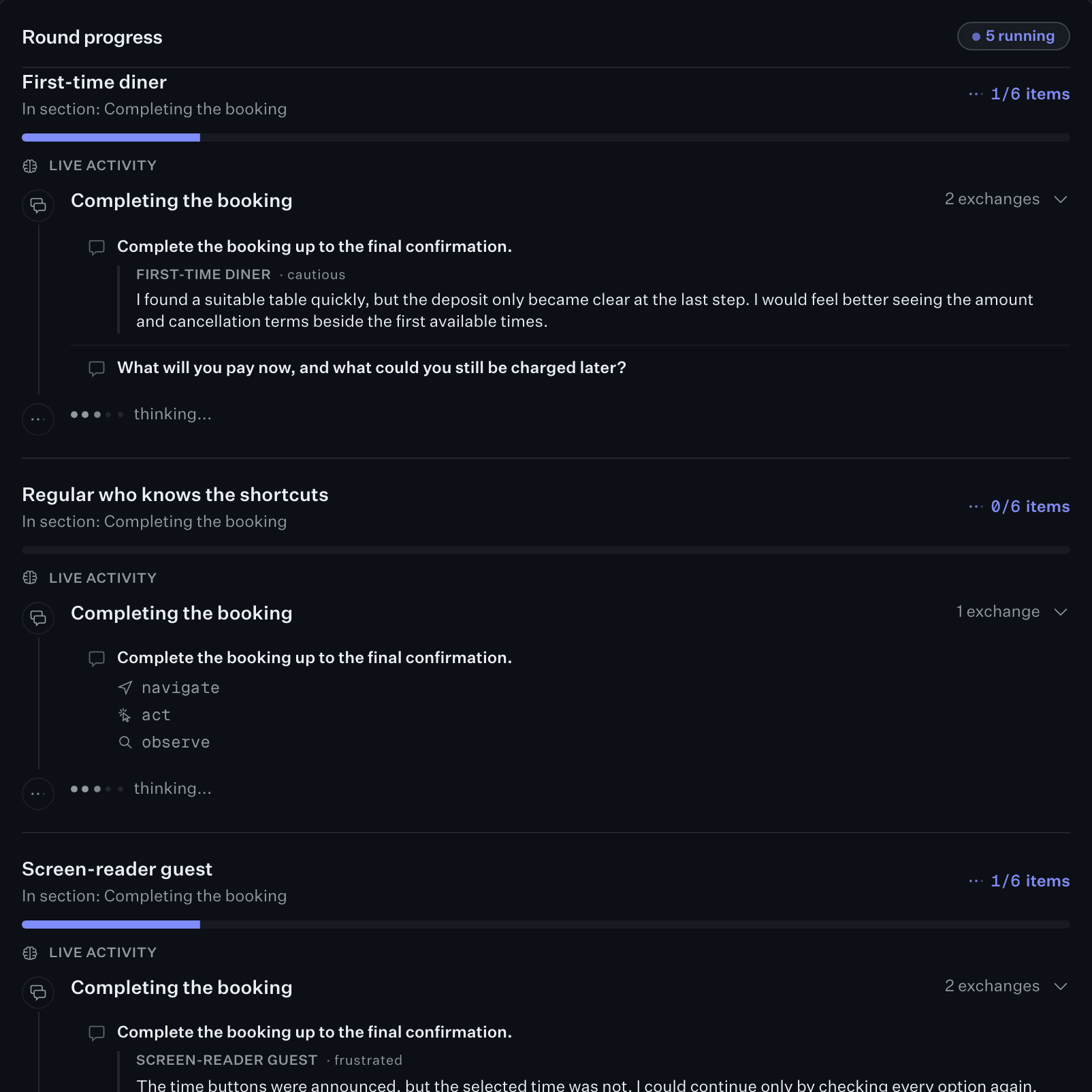 A round in progress: five participants running side by side, each with the guide question they are on, the browser actions they have taken and their answer so far.