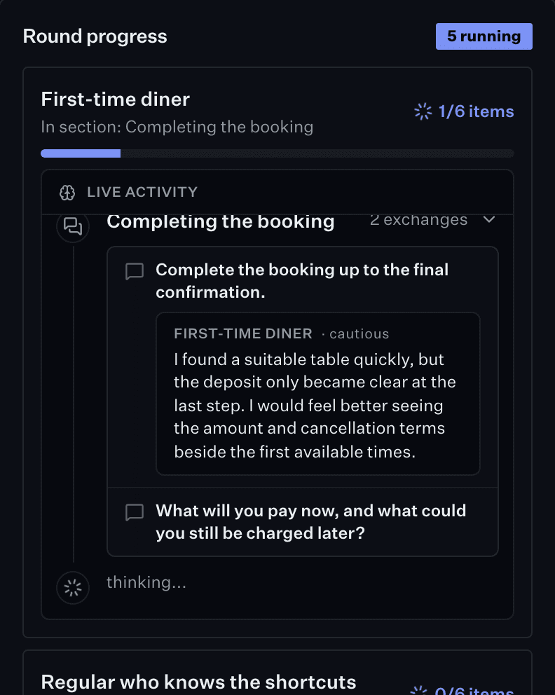 A round in progress on a phone: the first of five participants, with the guide question they are on and their answer so far.