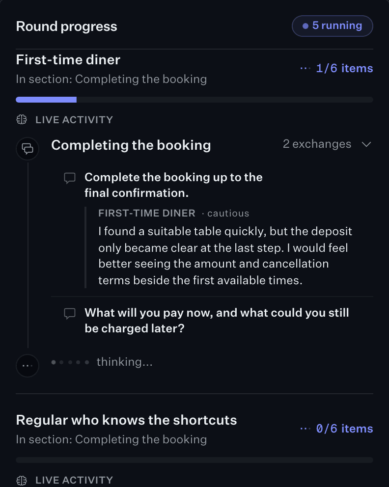 A round in progress on a phone: the first of five participants, with the guide question they are on and their answer so far.