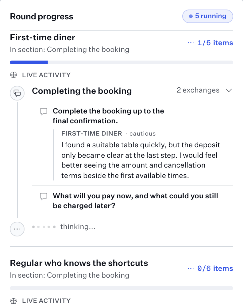A round in progress on a phone: the first of five participants, with the guide question they are on and their answer so far.