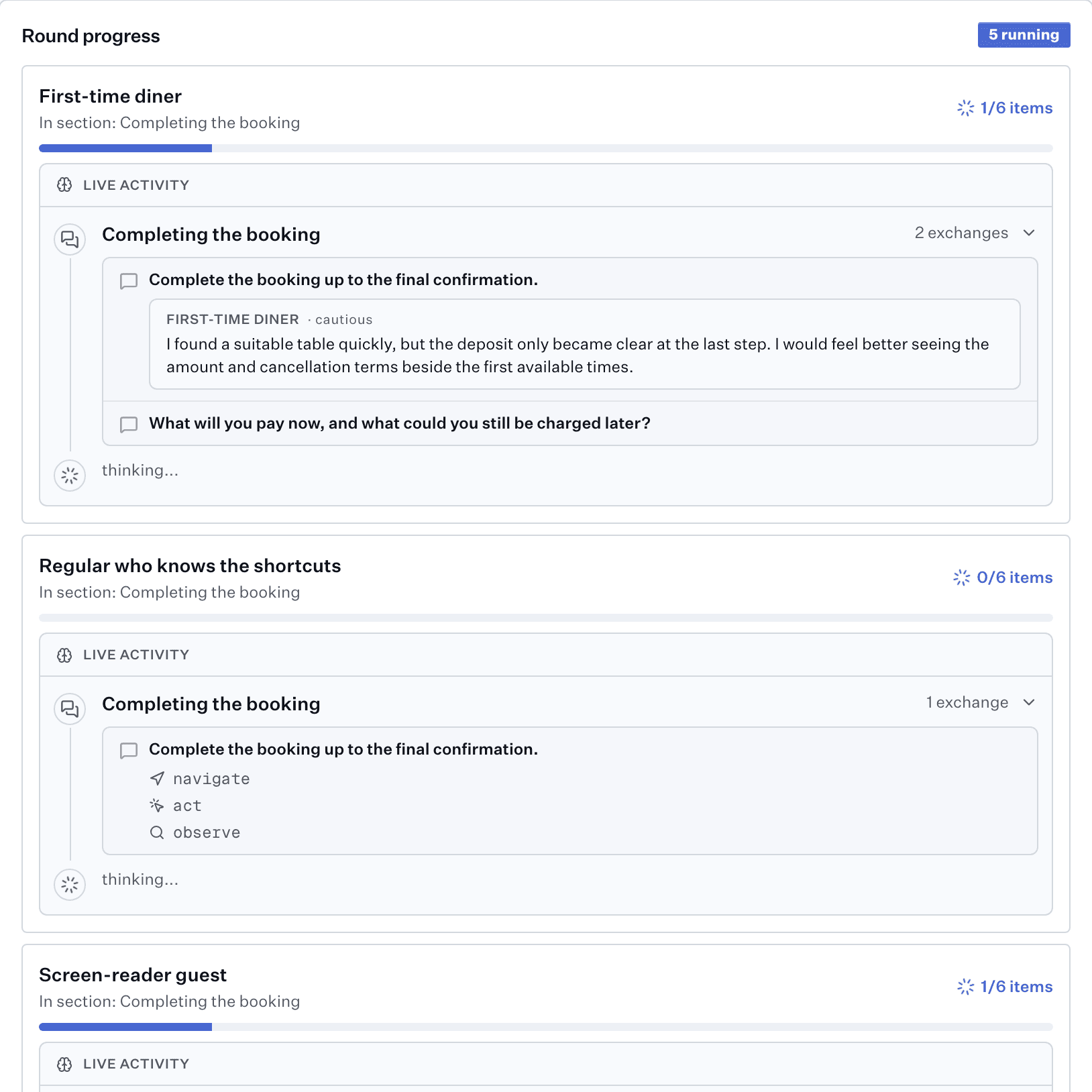 A round in progress: five participants running side by side, each with the guide question they are on, the browser actions they have taken and their answer so far.