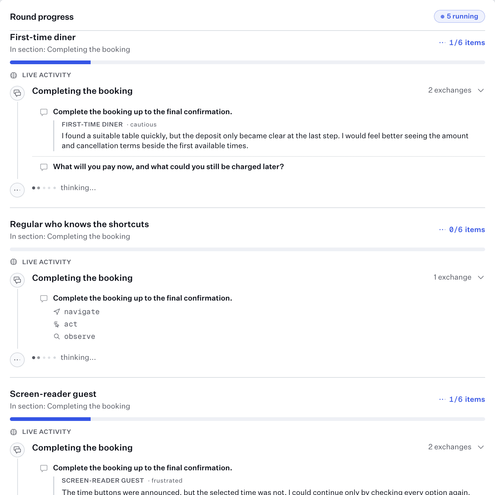 A round in progress: five participants running side by side, each with the guide question they are on, the browser actions they have taken and their answer so far.