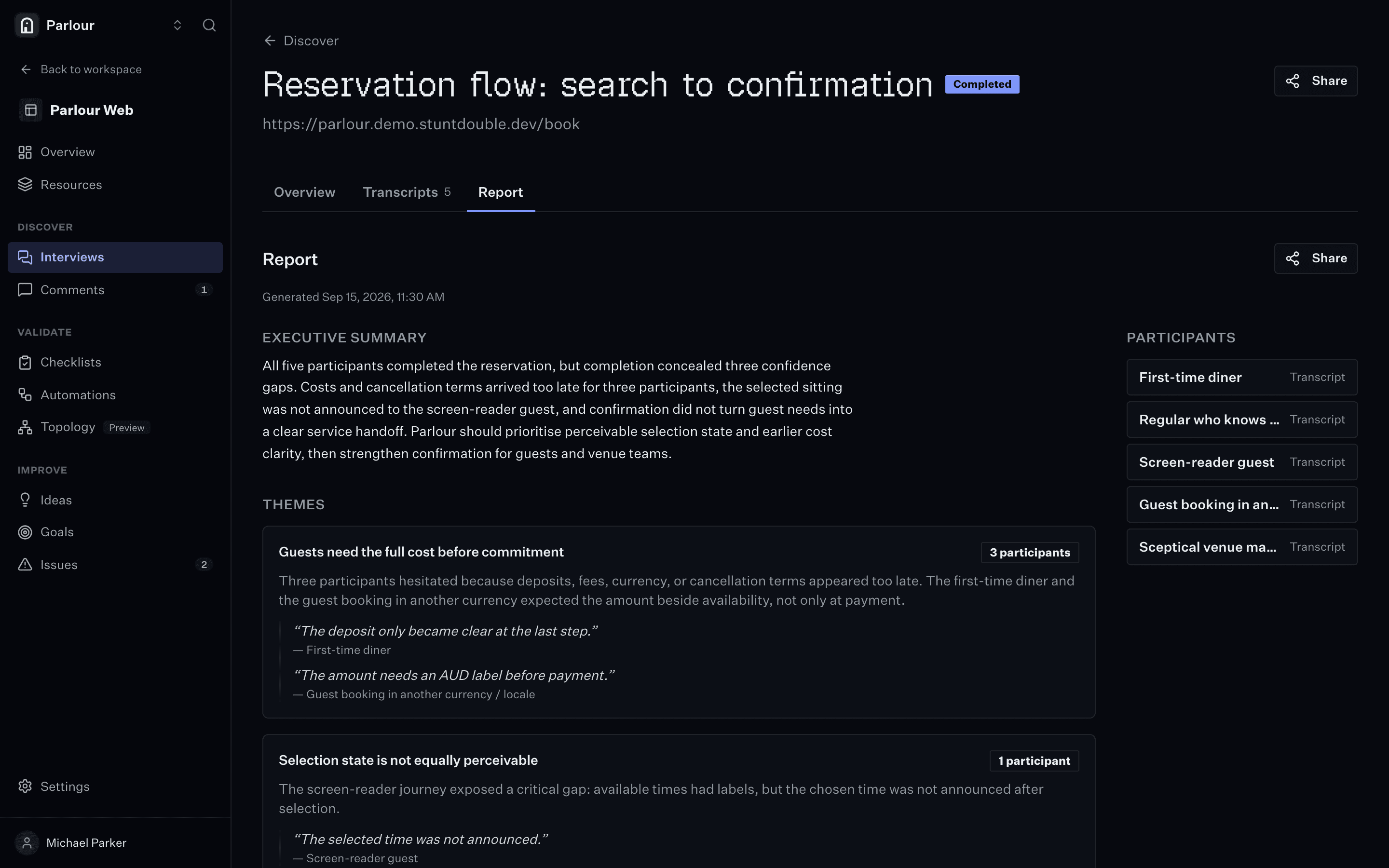 The synthesised report for a five-participant round: themes down the left, quotes and ranked recommendations beside them.