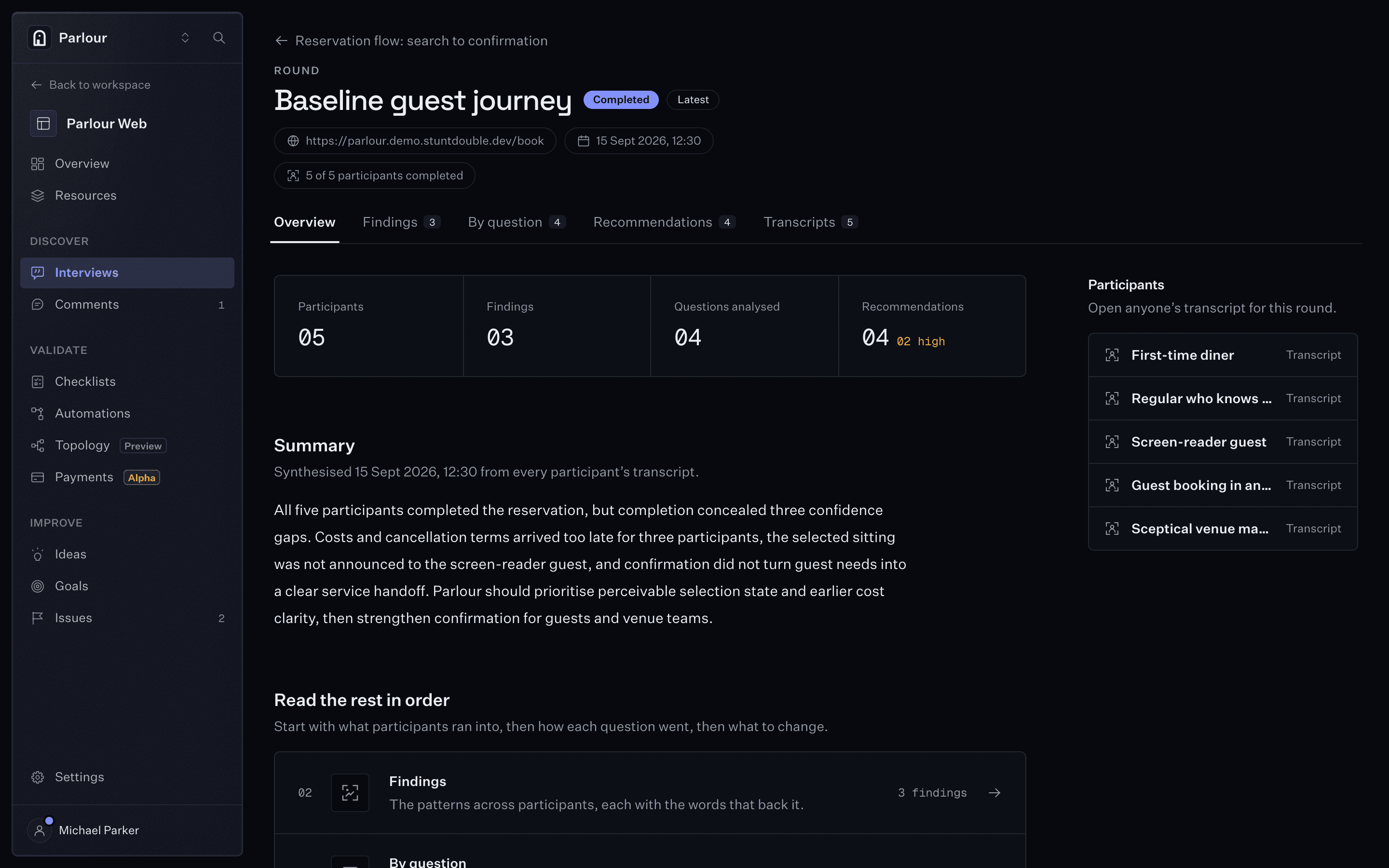 An interview round, Baseline guest journey: five of five participants completed, three findings, four recommendations, and a summary of the confidence gaps they ran into.