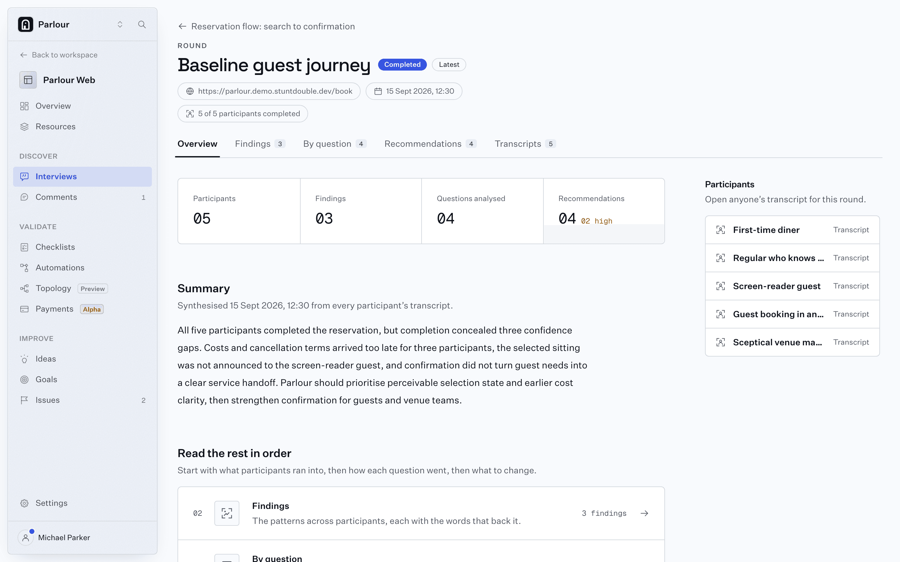 An interview round, Baseline guest journey: five of five participants completed, three findings, four recommendations, and a summary of the confidence gaps they ran into.