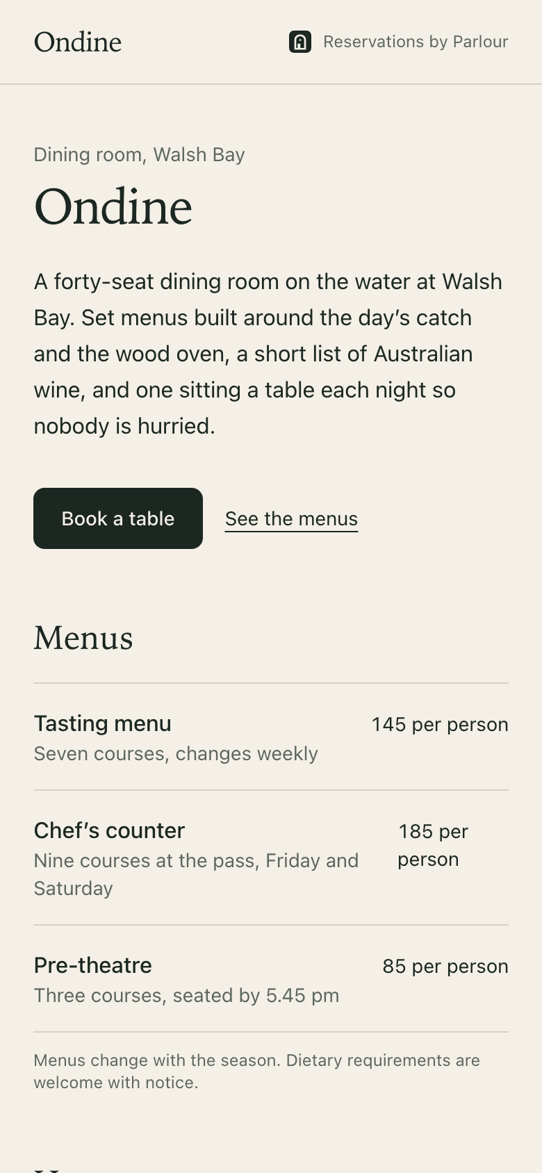 Parlour, a demo app simulating a restaurant booking flow, open on a phone.