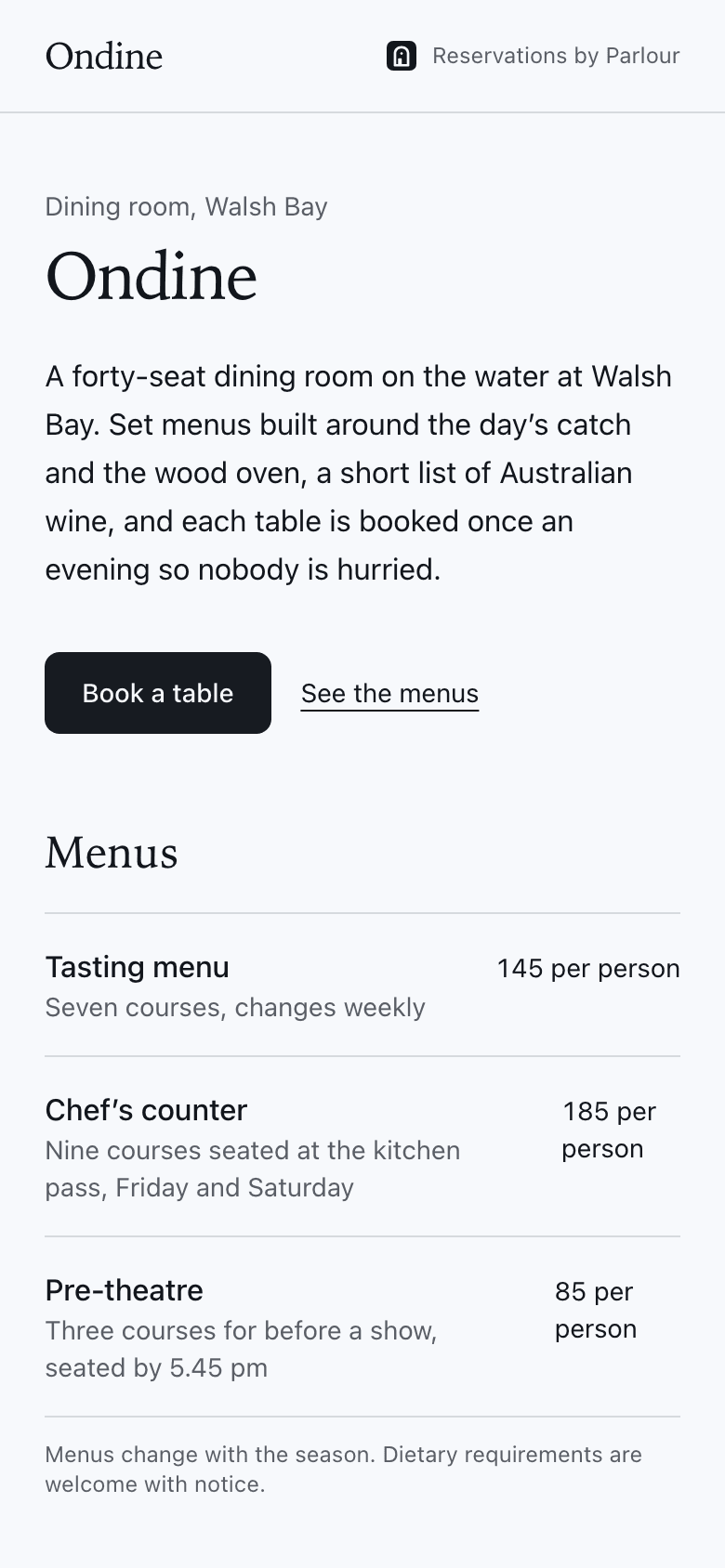 Parlour, a demo app simulating a restaurant booking flow, open on a phone.