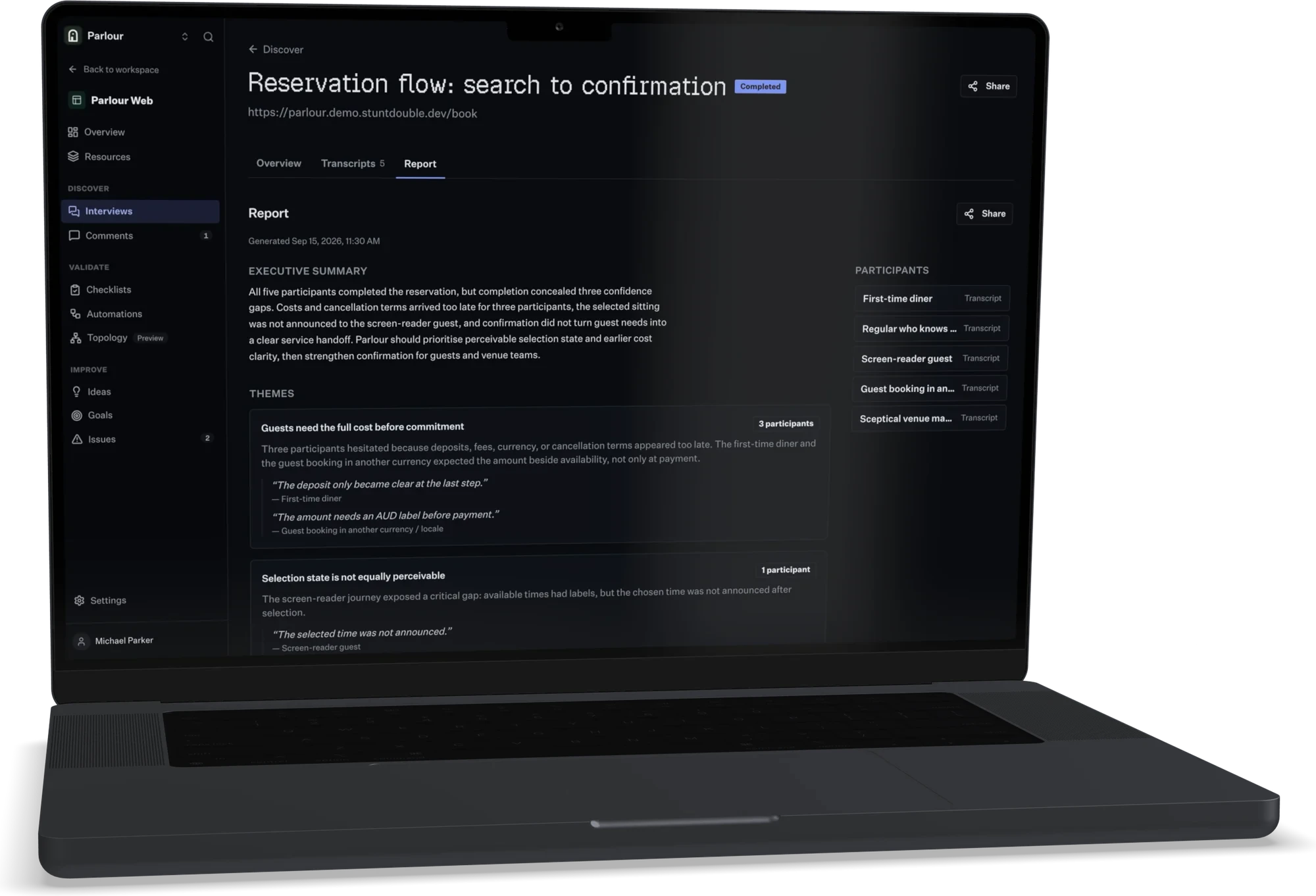 An interview report in Stunt Double on a laptop, turned to the left